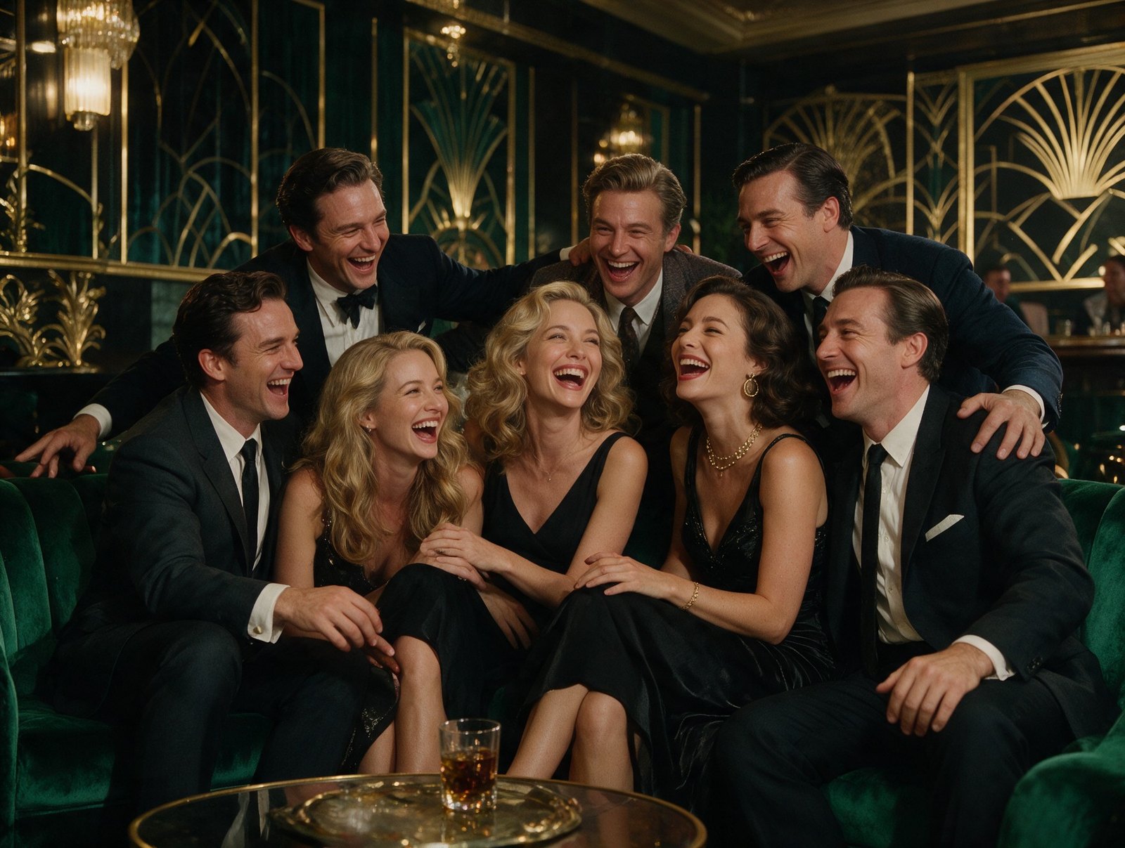Glamorous friends laughing together in a vintage Richmond lounge