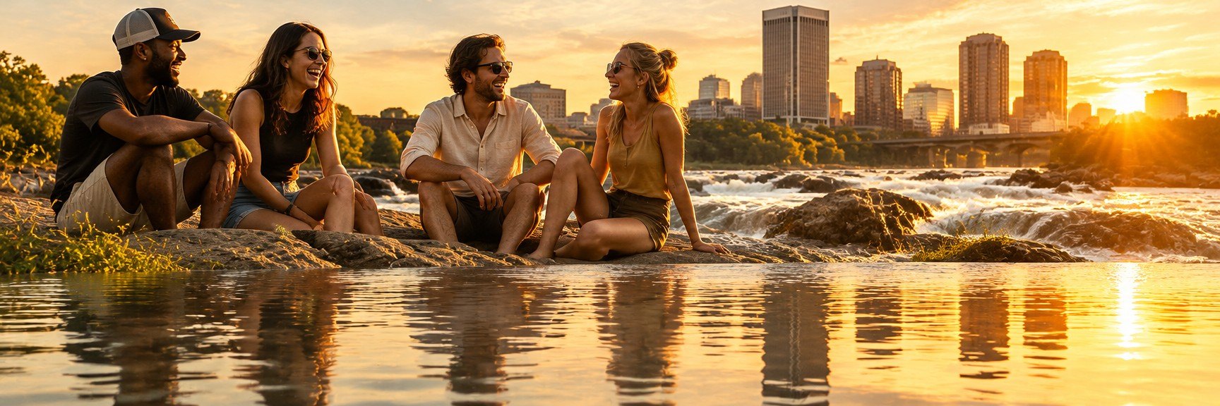 Friends laughing on the rocks by the James River rapids at golden hour