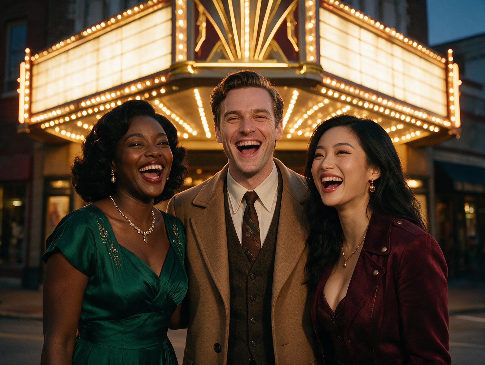 Friends laughing under a glowing theatre marquee in Richmond